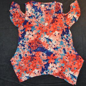 Venus blouse, floral chiffon cold shoulder handkerchief hem summer blouse sz S